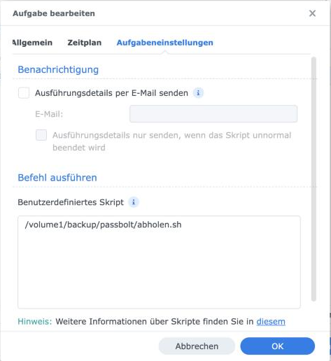 DSM-Aufgabenplaner, Reiter Aufgabeneinstellungen: Benachrichtigung und Pfad zum Abhol-Skript