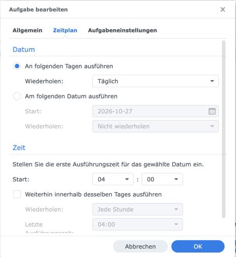 DSM-Aufgabenplaner, Reiter Zeitplan: täglich um 04:00 Uhr