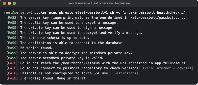 Terminal: Healthcheck der Testinstanz – GPG, Datenbank und Metadaten-Schlüssel PASS, drei erwartete FAIL