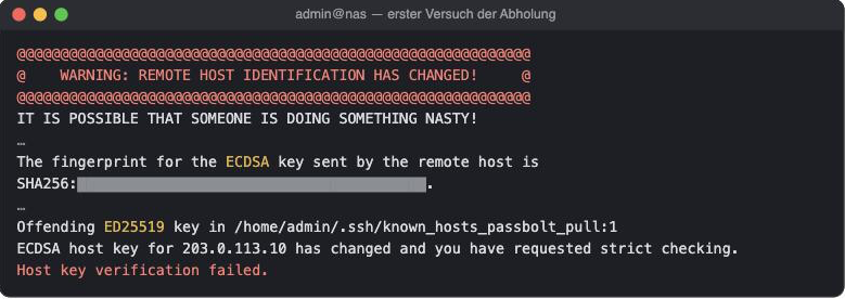 Terminal auf der NAS: Warnung „REMOTE HOST IDENTIFICATION HAS CHANGED“ wegen ECDSA statt ED25519, Fingerabdruck überdeckt