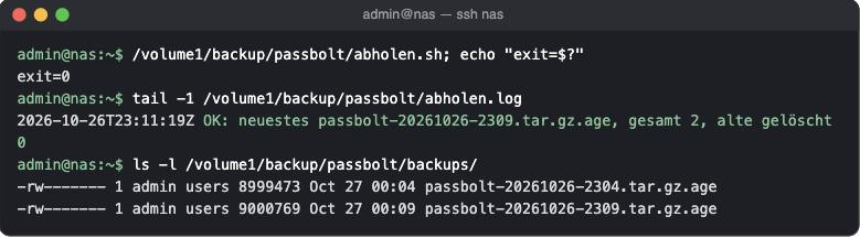 Terminal auf der NAS: Abhol-Skript endet mit exit=0, Log meldet OK, beide Backups liegen im Zielordner