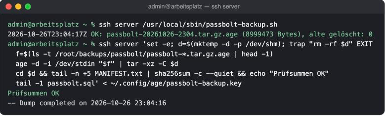 Terminal: Backup-Lauf mit OK-Meldung, danach Entschlüsseln im Arbeitsspeicher mit „Prüfsummen OK“ und vollständigem Dump