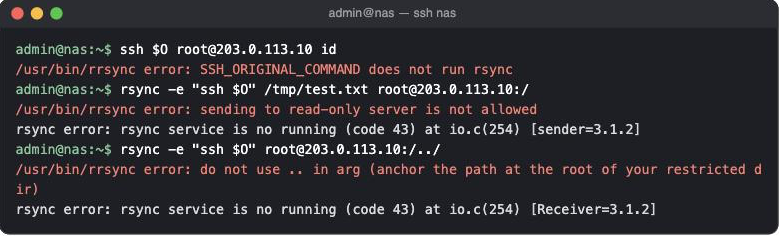Terminal auf der NAS: rrsync lehnt Befehl, Schreiben und Ausbruch aus dem Ordner ab